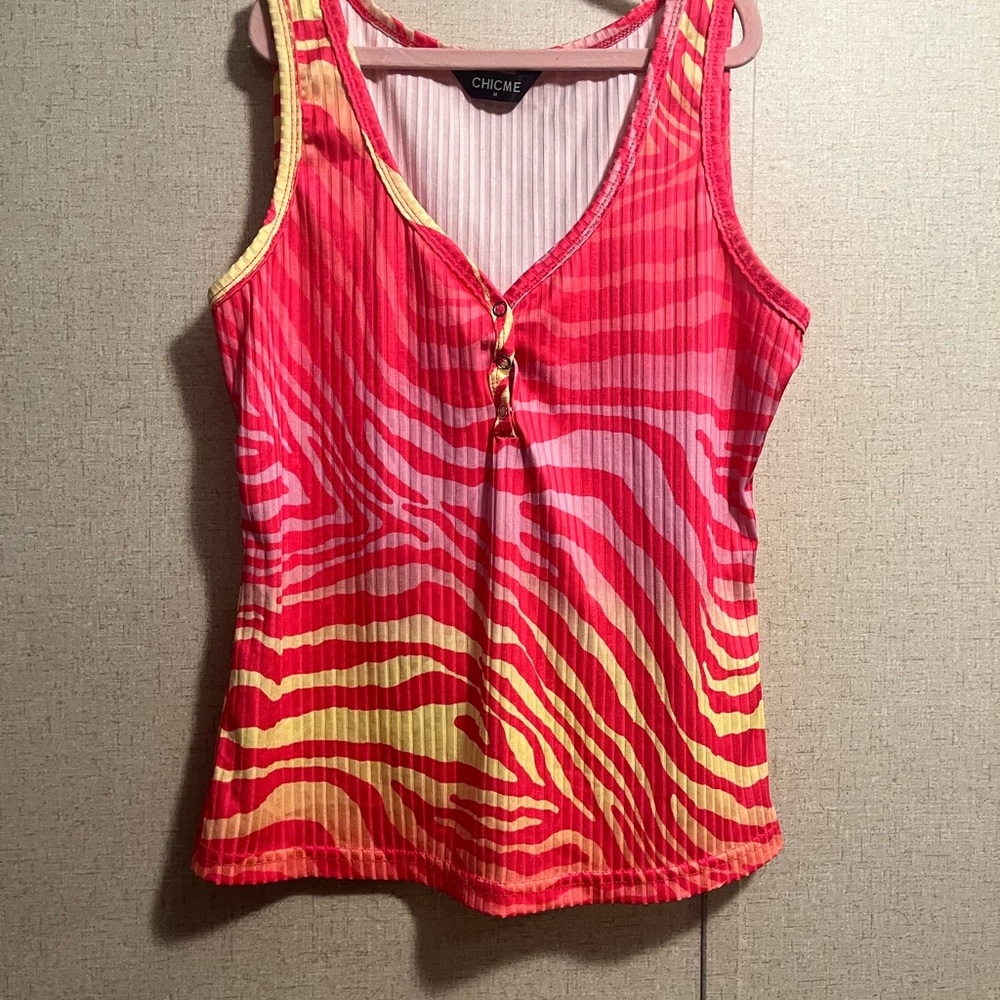 Chic Ribbed Sleeveless Pink and Orange Tank Top